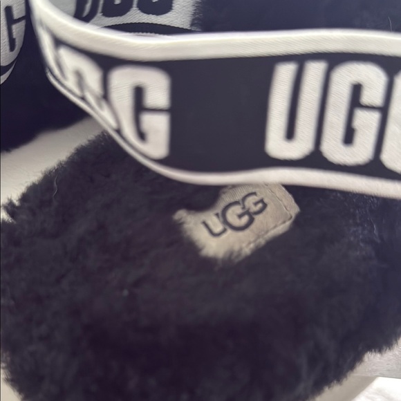UGG Oh Yea Slide Black Fluffy Sandals with Logo Strap - Picture 5 of 6